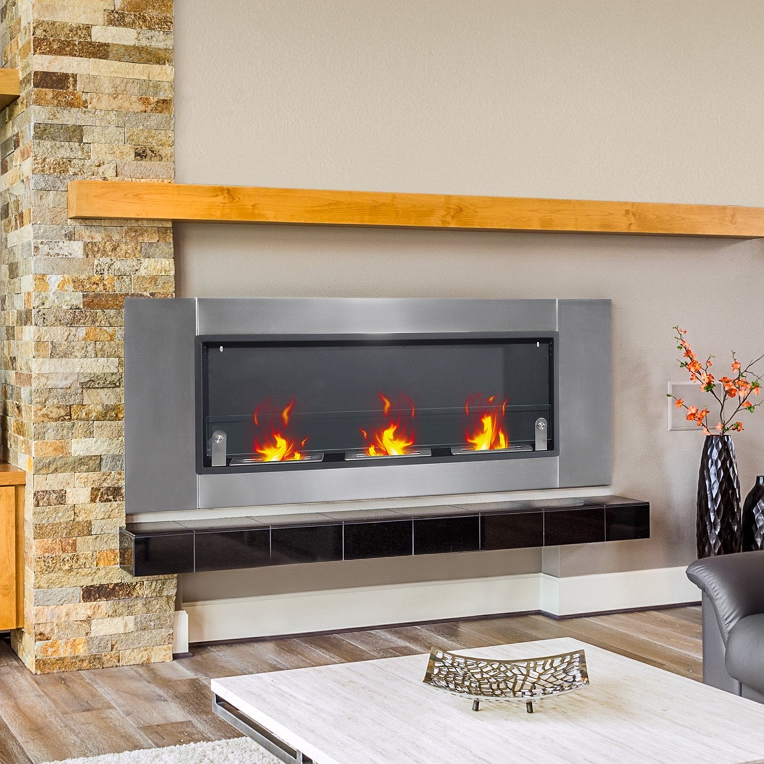 Easycomfort Bioethanol Fireplace In Stainless Steel 3 Tanks 1.5lt Silver  And Black, 136x16x54cm