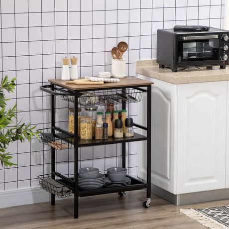 easycomfort easycomfort carrello da cucina a 3 livelli con 2 ruote cesto estraibile e vassoio 75x43 5x91 cm color legno e nero