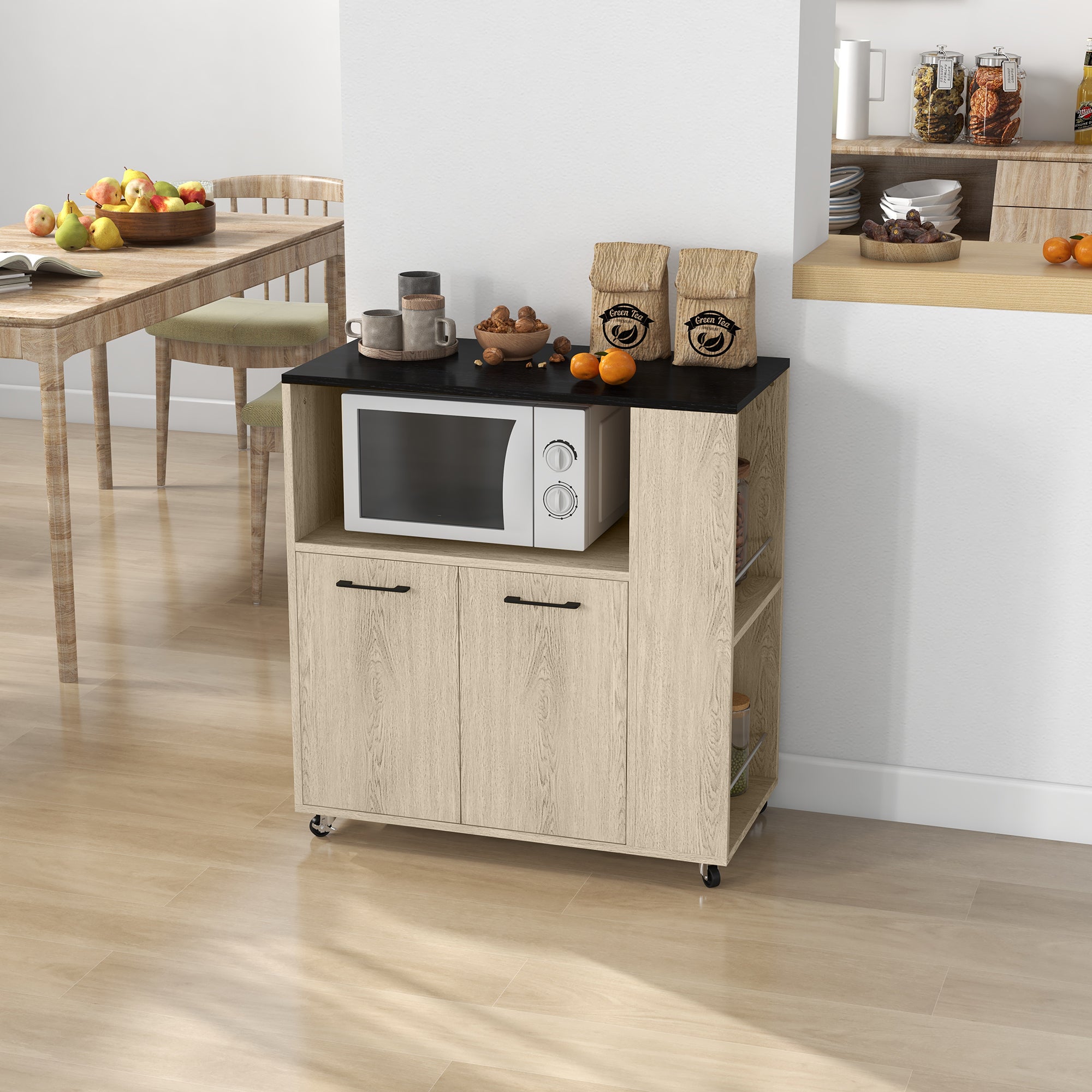 Mobile per Forno Microonde con Ruote in Legno Bianco Cassetto e 2 Ante  Cucina