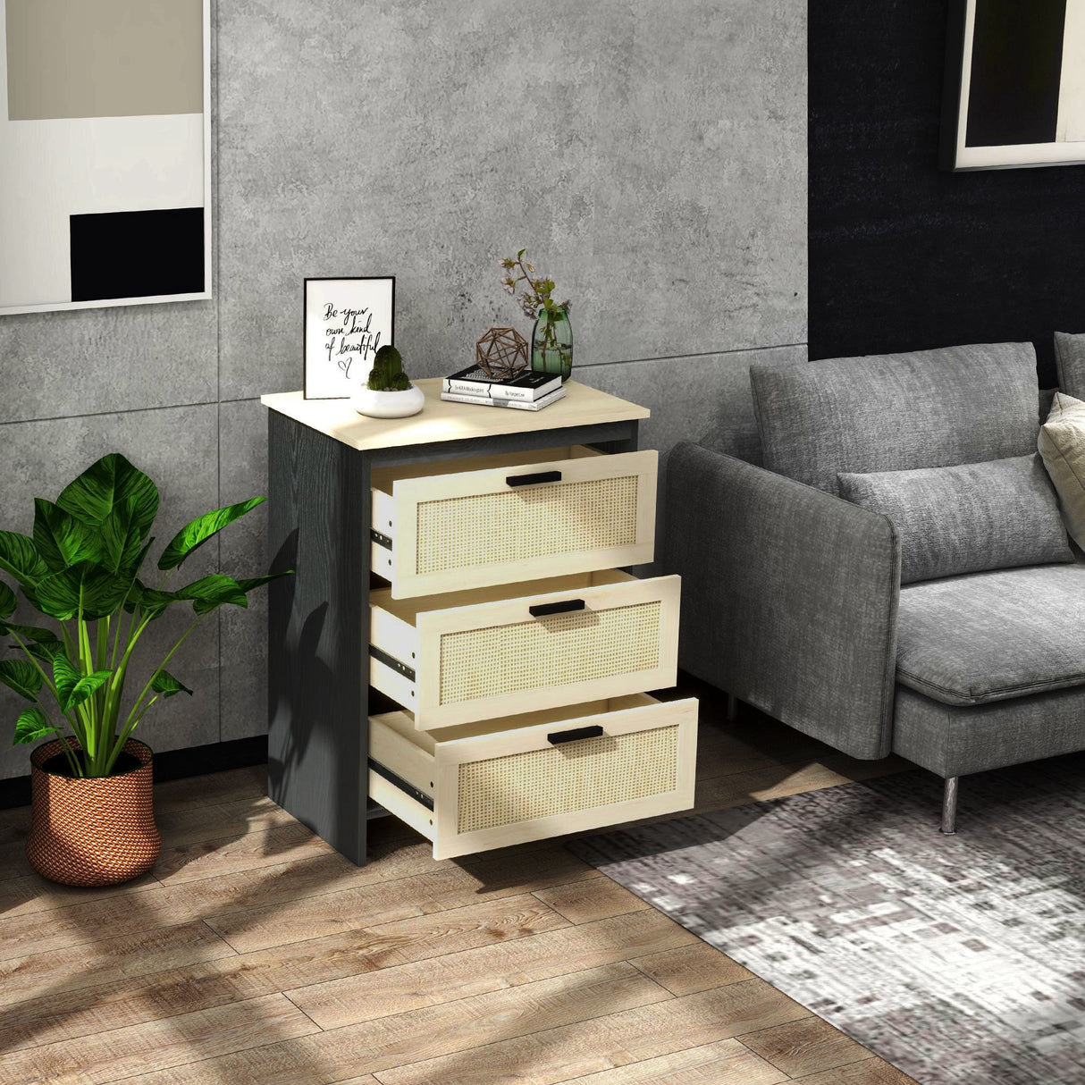 easycomfort easycomfort cassettiera 3 cassetti in truciolato e rattan per soggiorno e camera da letto 60x40x80 cm nero e color legno
