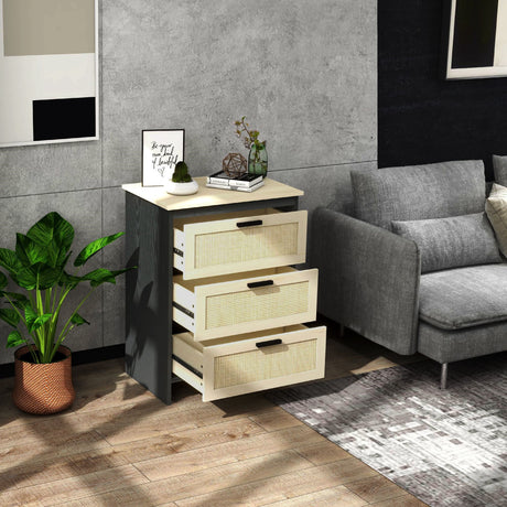 easycomfort easycomfort cassettiera 3 cassetti in truciolato e rattan per soggiorno e camera da letto 60x40x80 cm nero e color legno