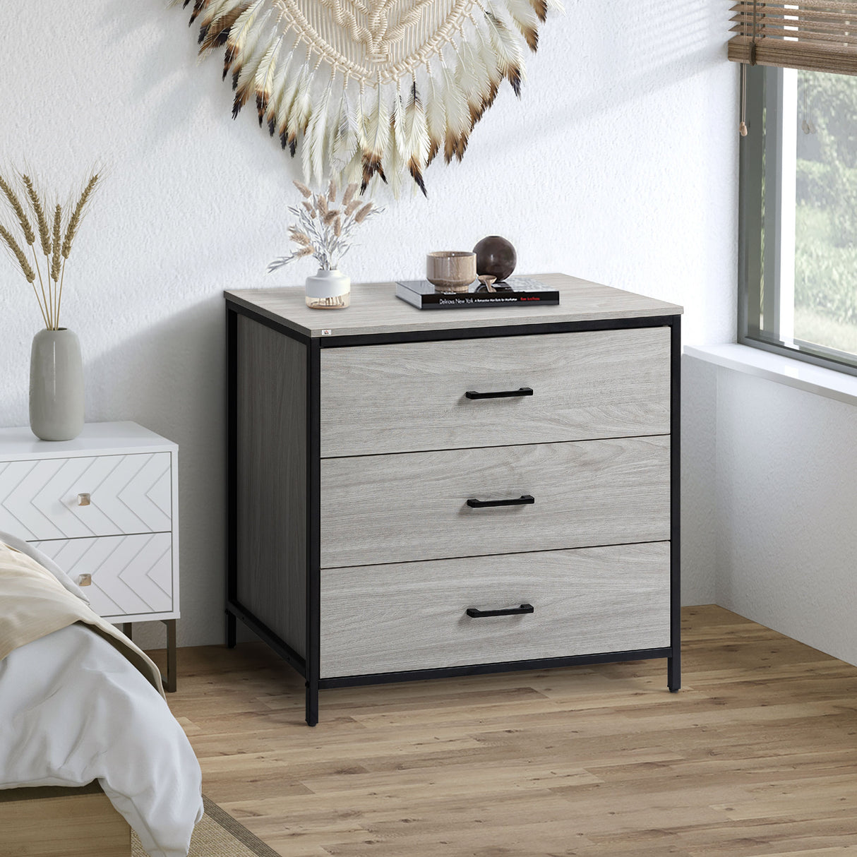 easycomfort easycomfort cassettiera con 3 cassetti in legno e acciaio per camera e soggiorno 80x48x78cm grigio chiaro