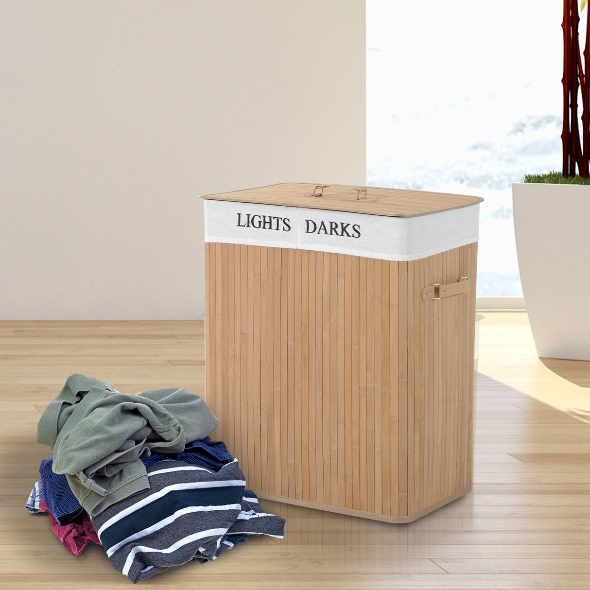 easycomfort easycomfort cesta portabiancheria in bambu con coperchio e fodera rimovibile naturale 52x32x63cm