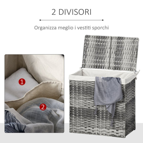 easycomfort easycomfort cesto portabiancheria pieghevole con coperchio in rattan pe e sacco in policotone 57x34x60cm grigio ean 8054144133379