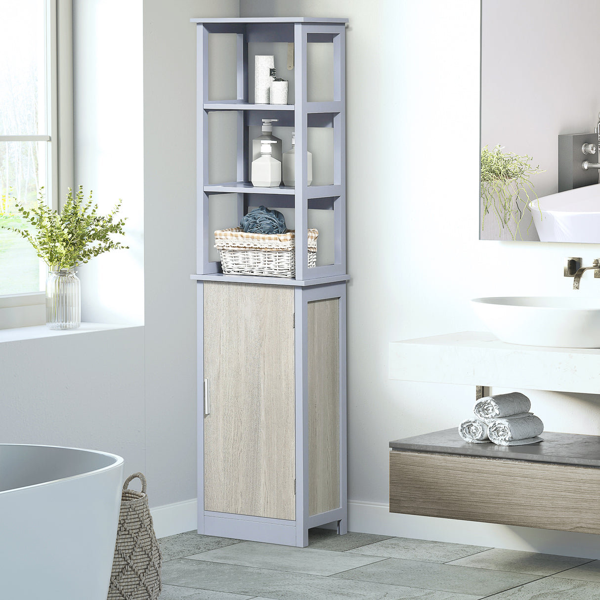 easycomfort easycomfort colonna bagno con 3 mensole e armadietto in legno mdf 40x30x160 grigio e legno naturale
