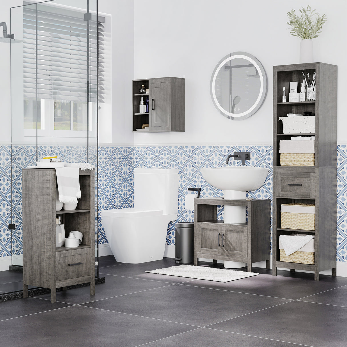 easycomfort easycomfort colonna bagno in truciolato con 5 ripiani aperti e un cassetto 42x30x170 cm grigio