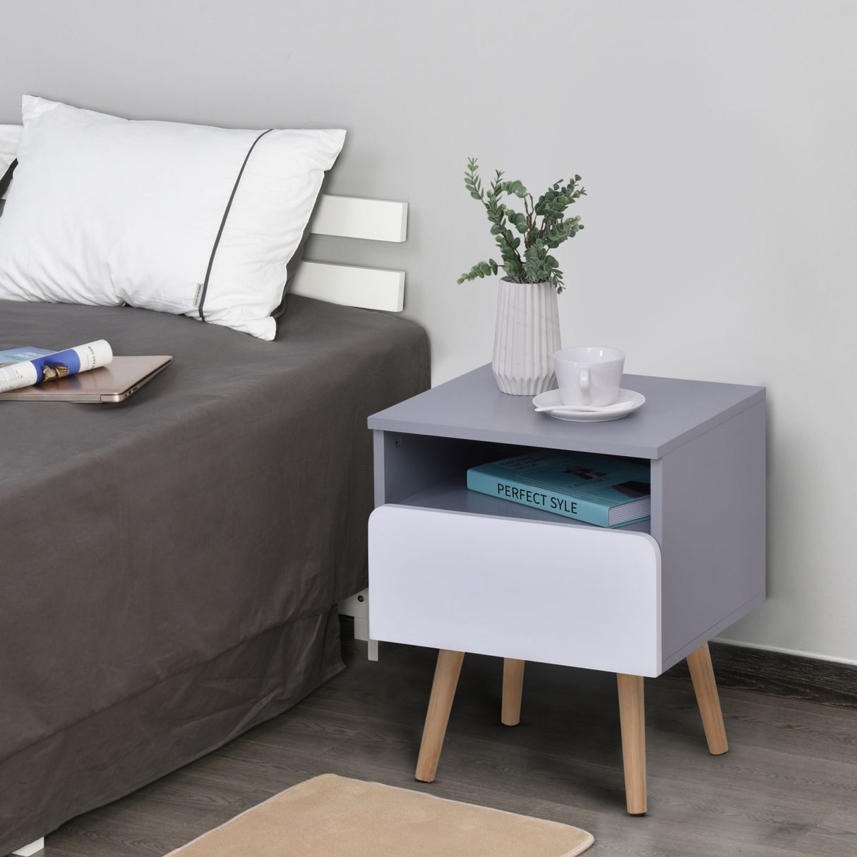 easycomfort easycomfort comodino in legno mdf grigio e bianco con 1 cassetto e gambe in legno di pino 40x34 3x50cm ean 8054111844741