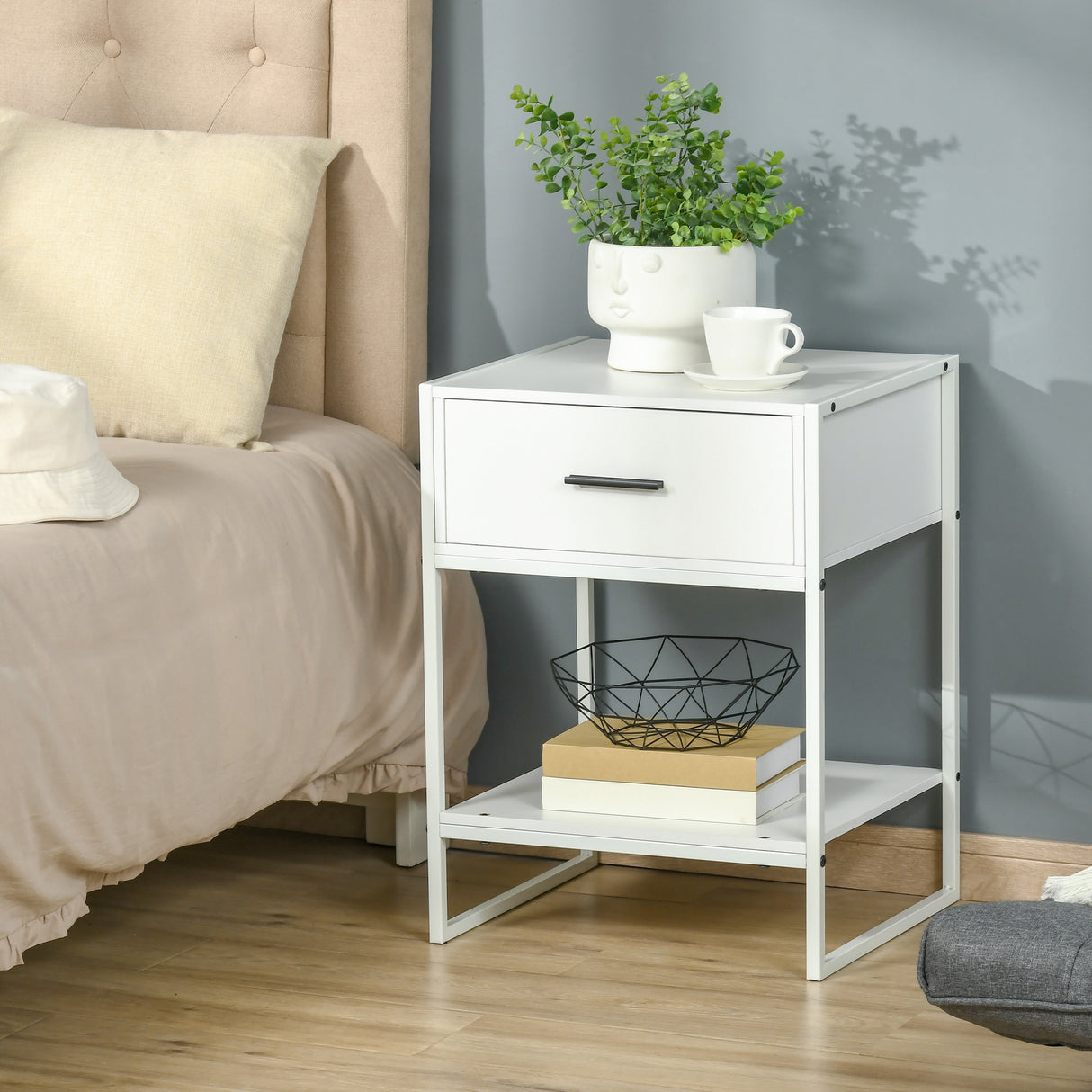 easycomfort easycomfort comodino moderno con cassetto e ripiano aperto comodino camera da letto piccolo in truciolato e acciaio 45x40x60cm bianco