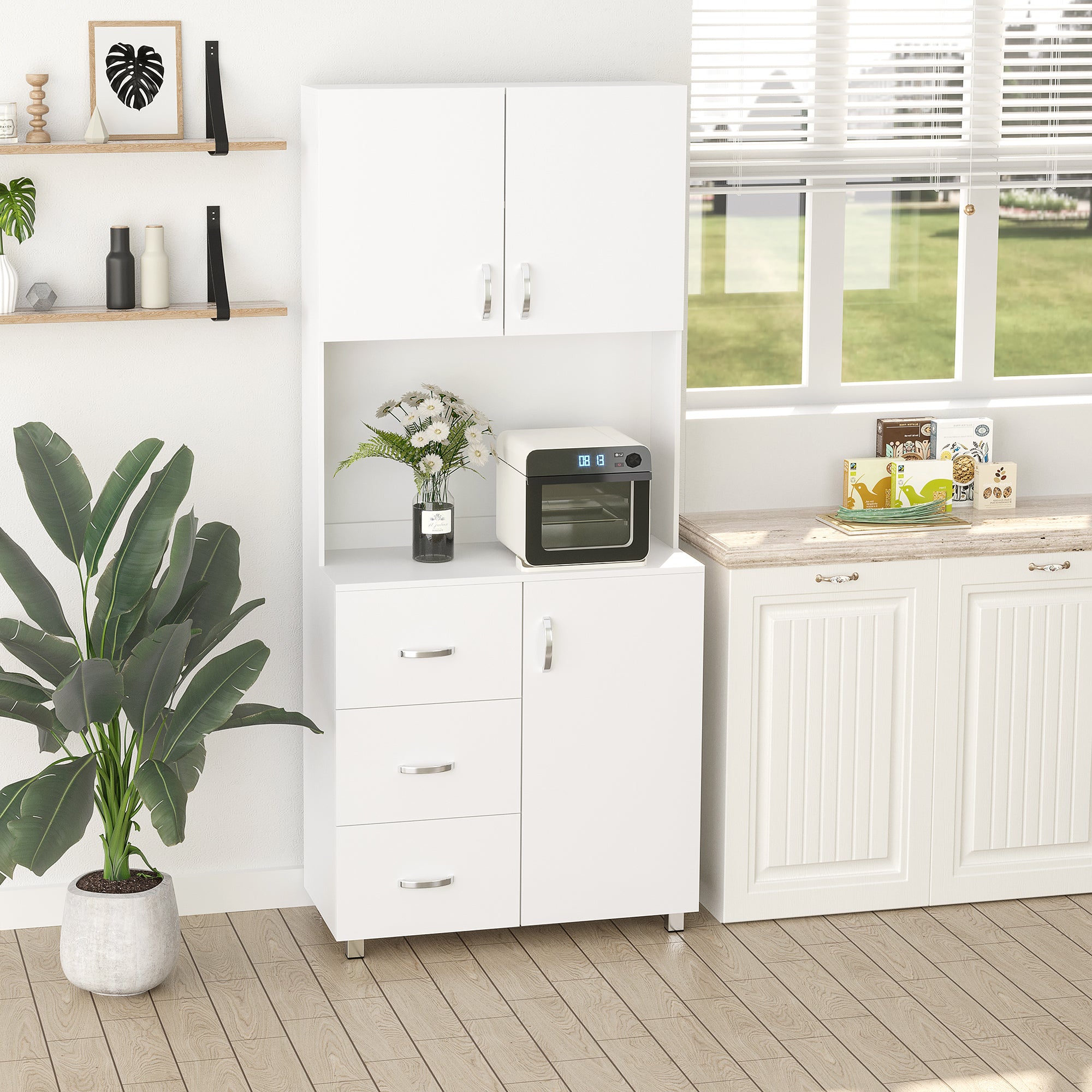 EASYCOMFORT Credenza Moderna con Armadietti e Cassetto, Mobile Cucina  Salvaspazio in Legno e Vetro 60x40x95cm, Bianco