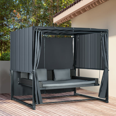 easycomfort easycomfort dondolo letto e pergola 3 in 1 con tetto regolabile e tende acciaio e rattan pe 235x150x210cm grigio scuro