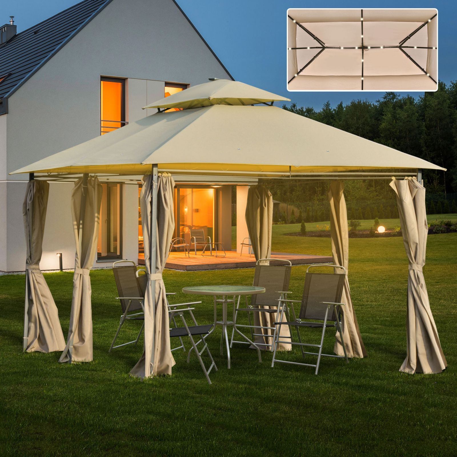 EASYCOMFORT Gazebo da Giardino 3x4m con Pareti Rimovibili, Pannelli Solari  e Luci a LED, Cachi