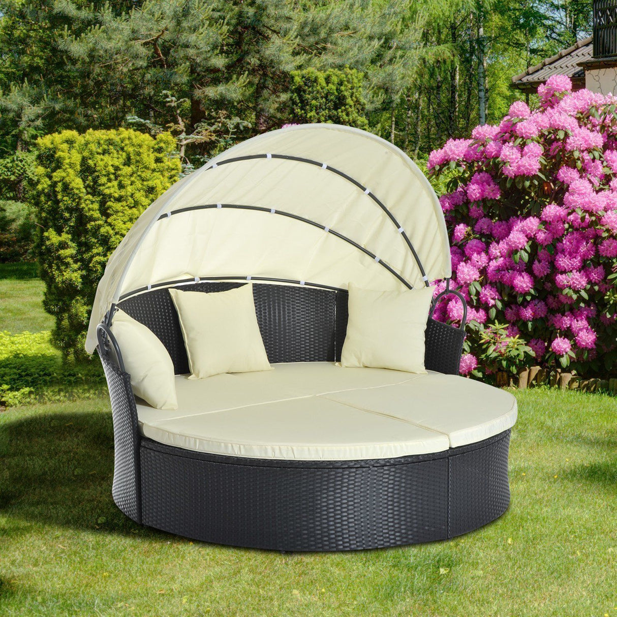 easycomfort easycomfort lettino prendisole conchiglia con poggiapiedi e tenda parasole in pe rattan nero