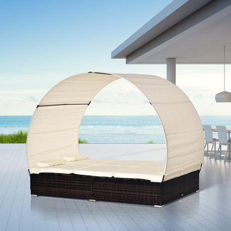 easycomfort easycomfort lettino sdraio da giardino doppia con tettuccio e schienale reclinabile in rattan pe marrone ecrema