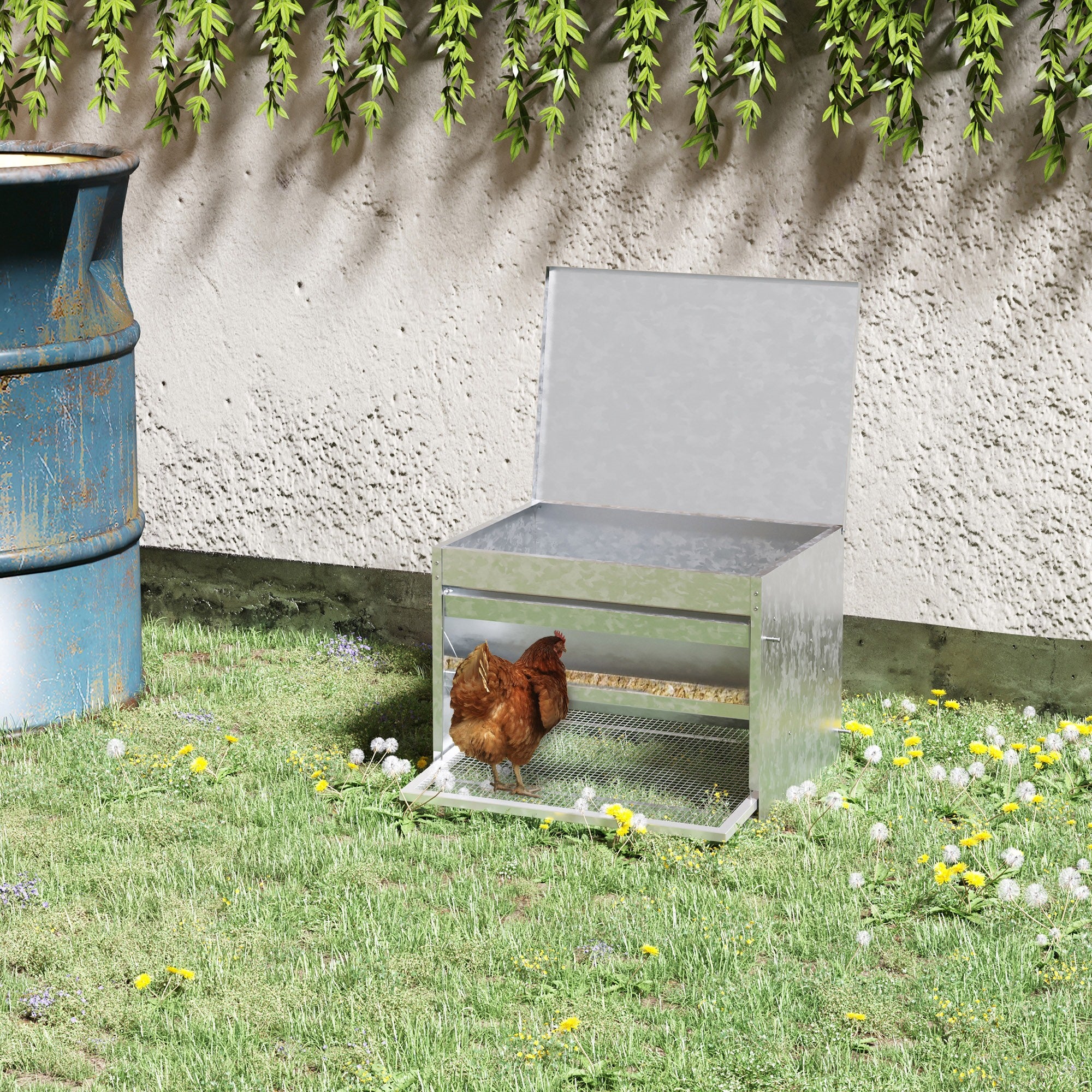 EASYCOMFORT Mangiatoia per Galline 8.5 Litri 5 Polli, con Coperchio e  Pedale, 56x37x18.5cm, Argento