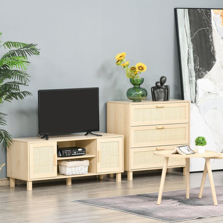easycomfort easycomfort mobile porta tv con vani aperti e ante in rattan color legno 115x40x48cm