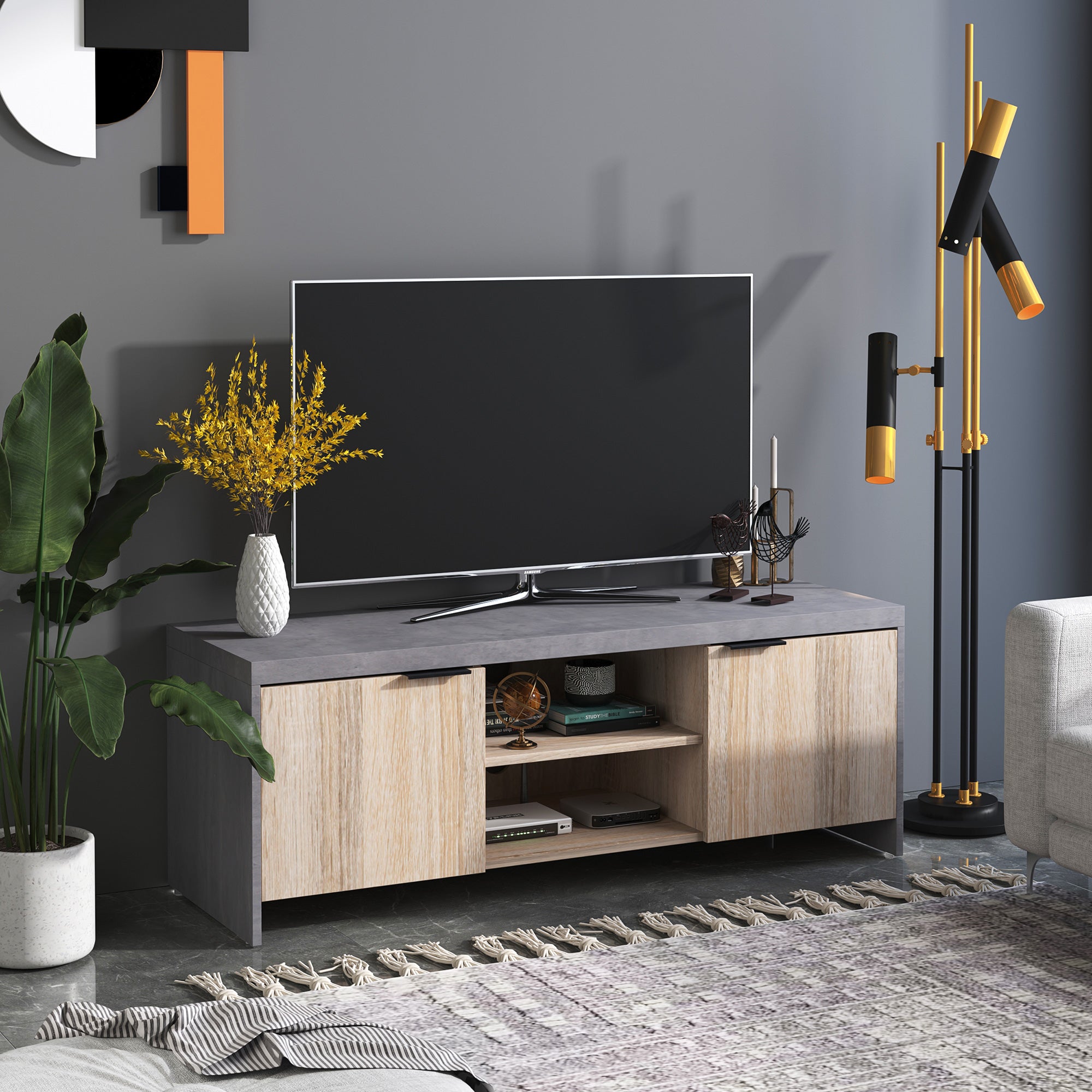EASYCOMFORT Mobile TV in legno Moderno con Armadietti da Salotto con  Passacavi,120x40x44cm - Legno/Grigio