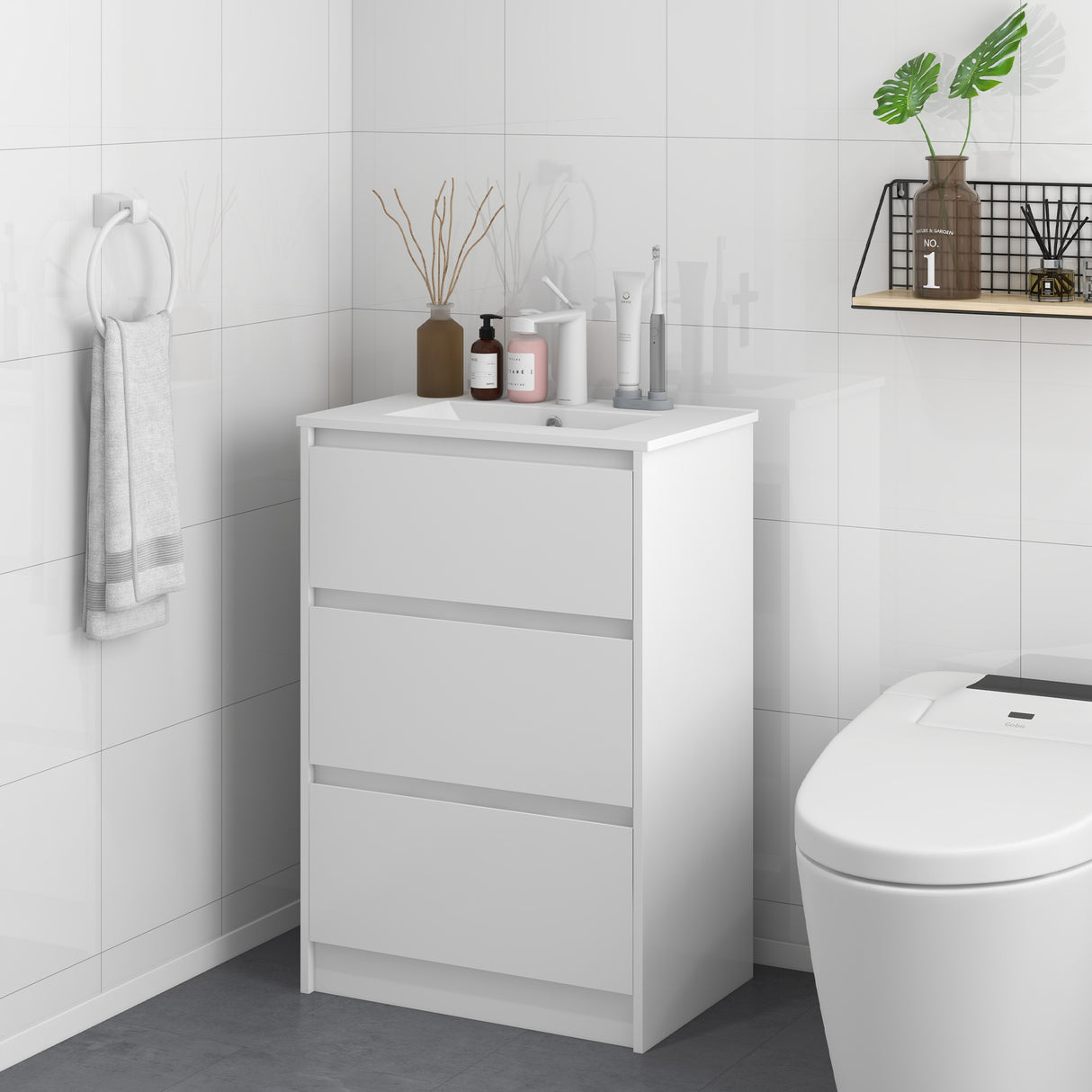easycomfort easycomfort mobiletto bagno a 2 cassetti in truciolato con lavabo in ceramica sintetica 61x37x88 cm bianco