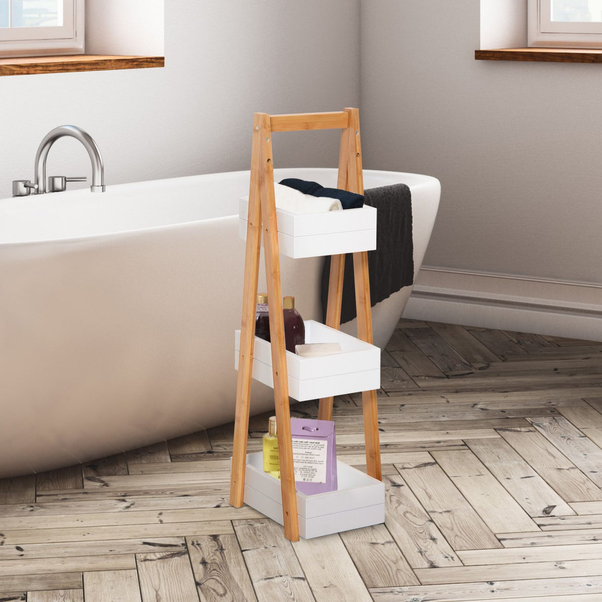 easycomfort easycomfort mobiletto bagno salvaspazio 3 ripiani in legno mdf bianco e bambu 21x30x81cm