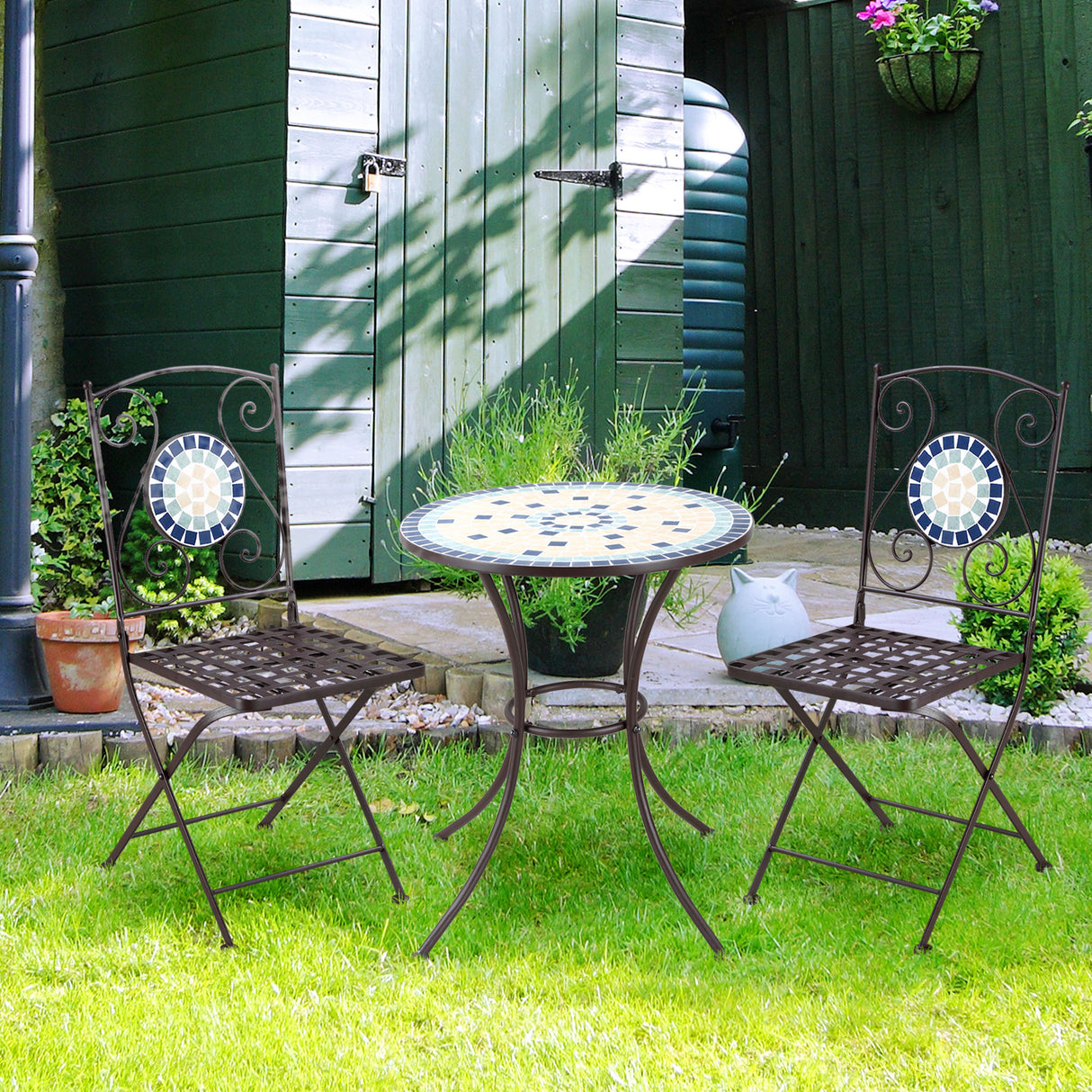 easycomfort easycomfort mobili da giardino set 3 pezzi con 2 sedie pieghevoli e 1 tavolino rotondo in metallo e ceramica