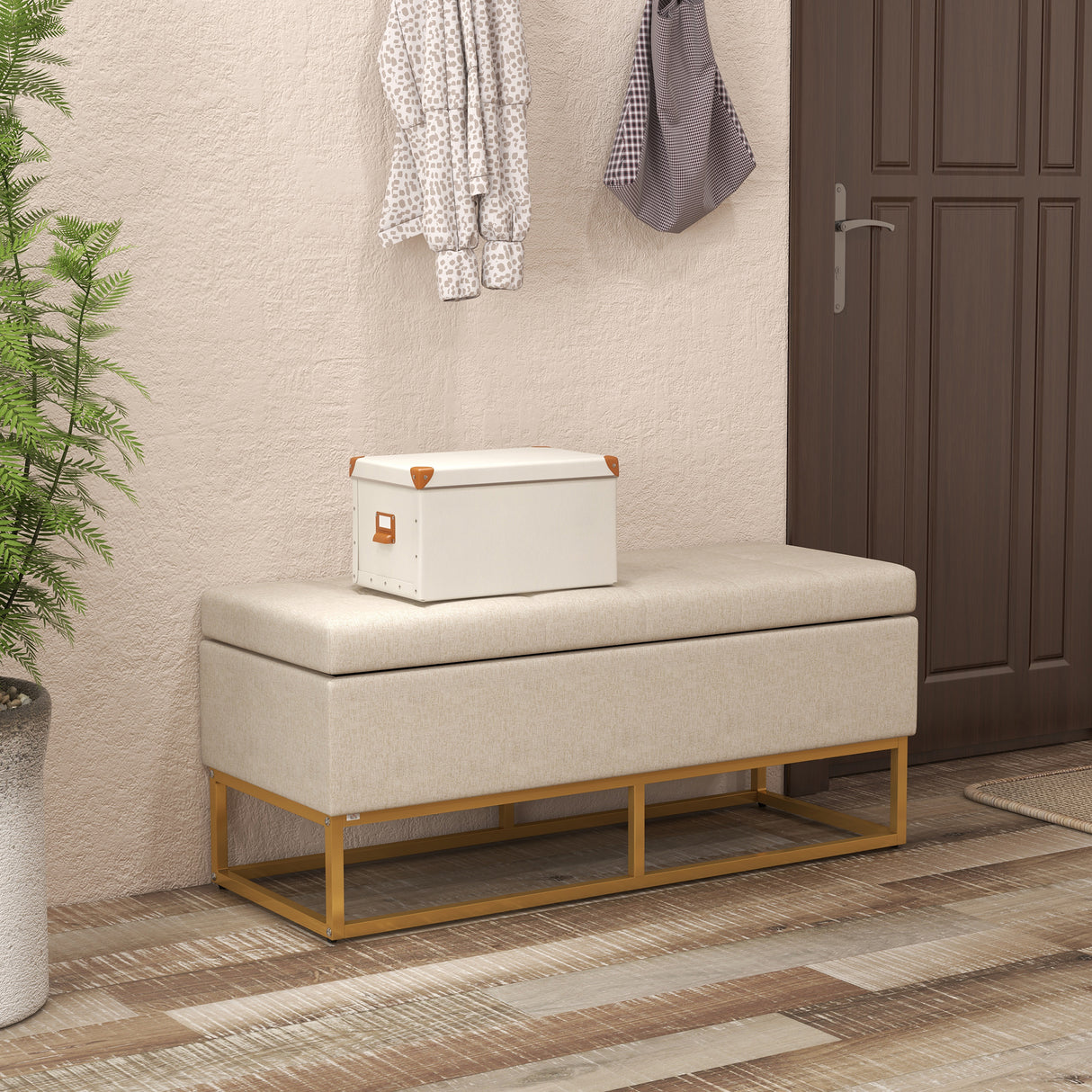 easycomfort easycomfort panca con contenitore in poliestere trapuntata con gambe in acciaio doro 110x44x48cm beige