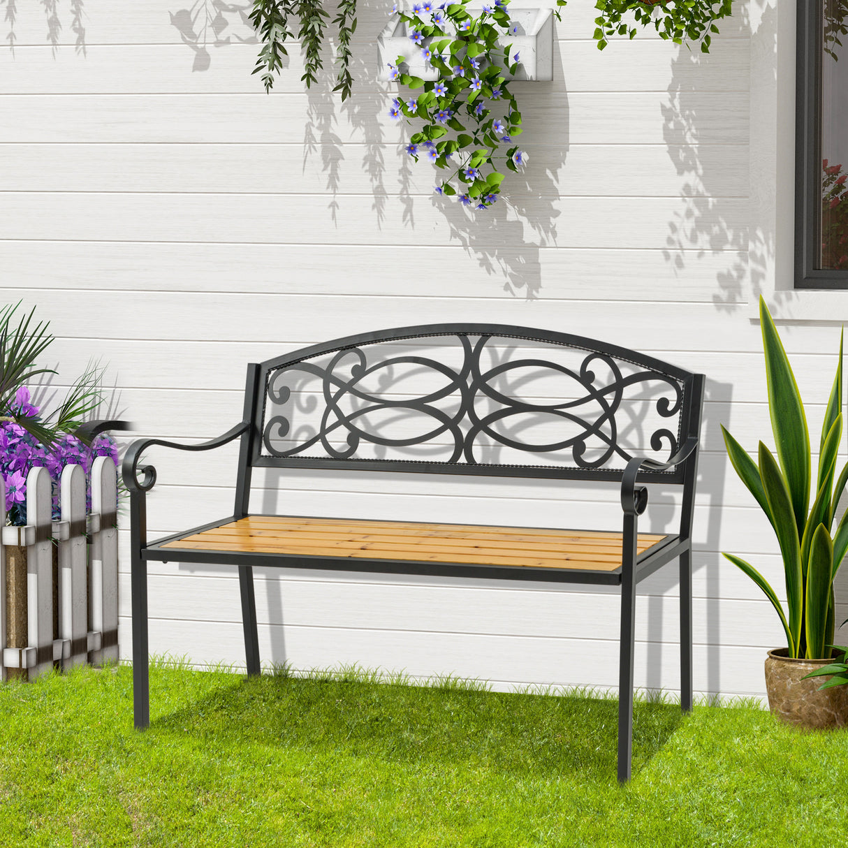 easycomfort easycomfort panchina da giardino a 2 posti in metallo e legno schienale decorato e braccioli 127x52x88cm nero