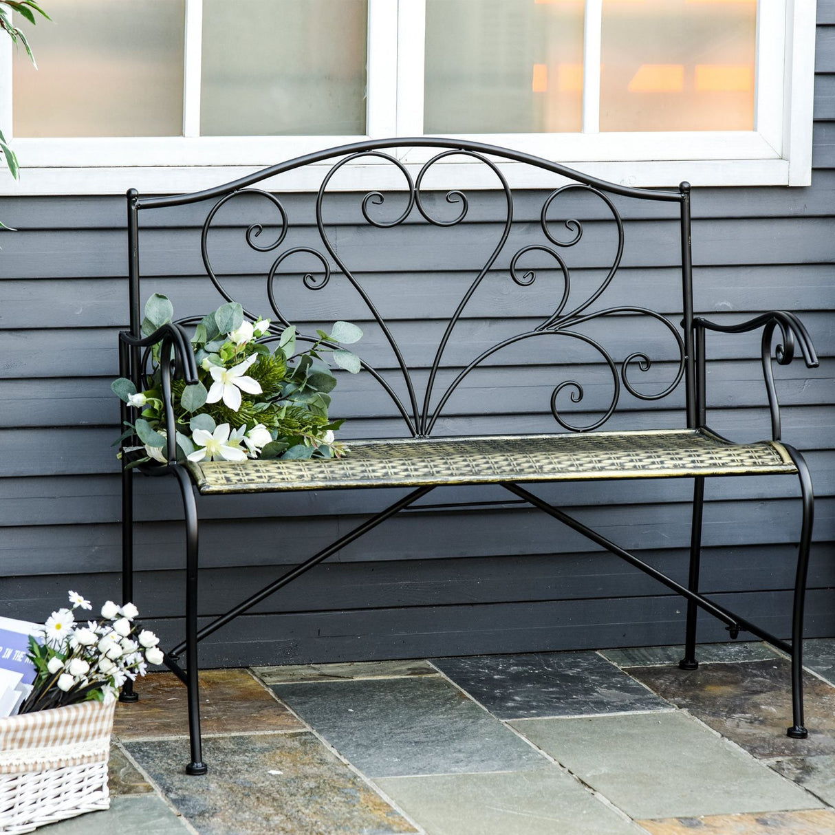 easycomfort easycomfort panchina da giardino in ferro panca da esterno in stile vintage 2 posti 100x 50x88cm nero ean 8054144136769