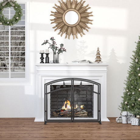 easycomfort easycomfort parascintille per camino in metallo nero con 2 porte chiusura a clip 99x35x80cm nero