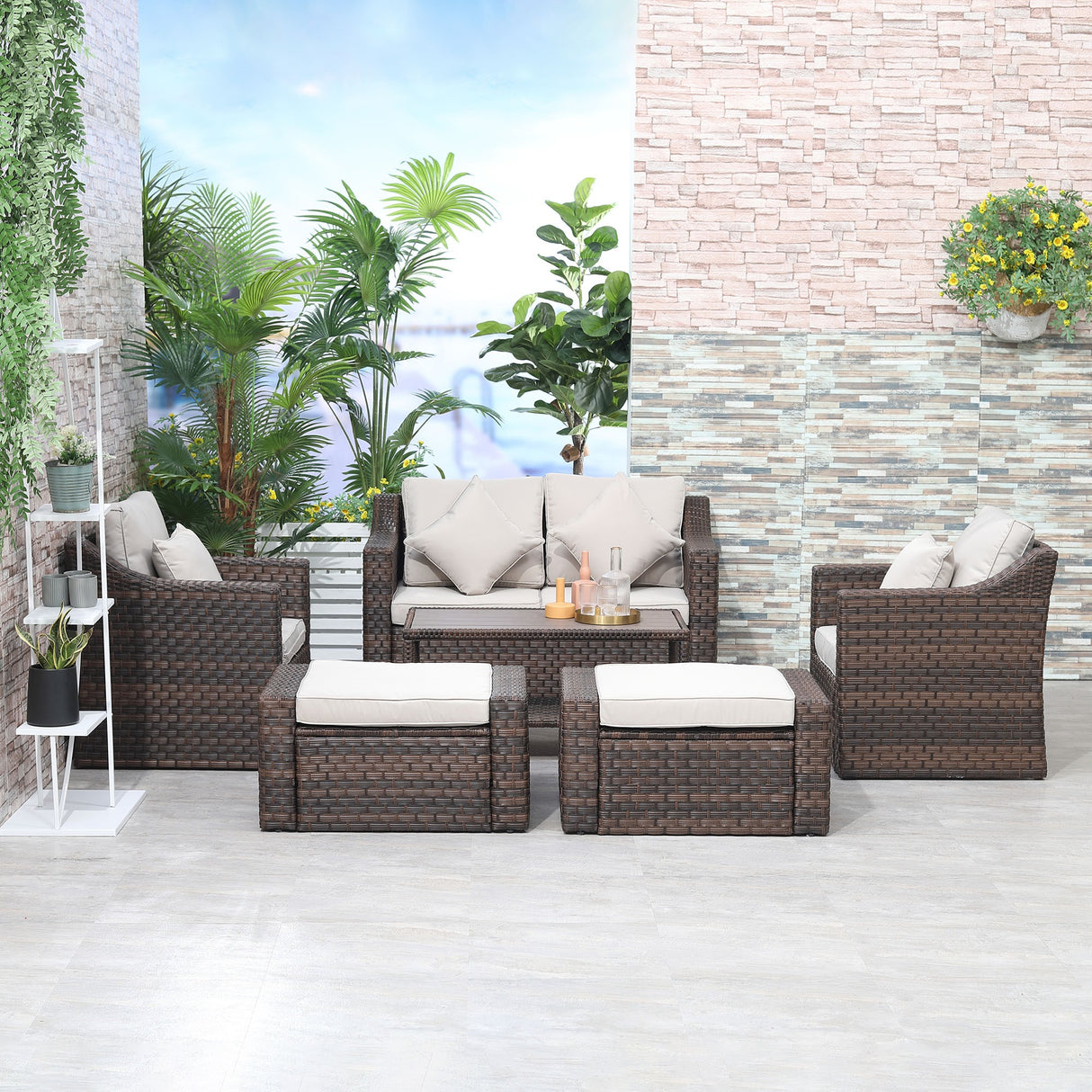 easycomfort easycomfort salotto da esterni in rattan set 6 pz con divanetto da giardino poltrone e tavolino marrone