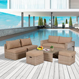 easycomfort easycomfort salotto da giardino in pe rattan 6 pezzi con divano 2 poltroncine 2 pouf e tavolino cachi e beige ean 8055776916521