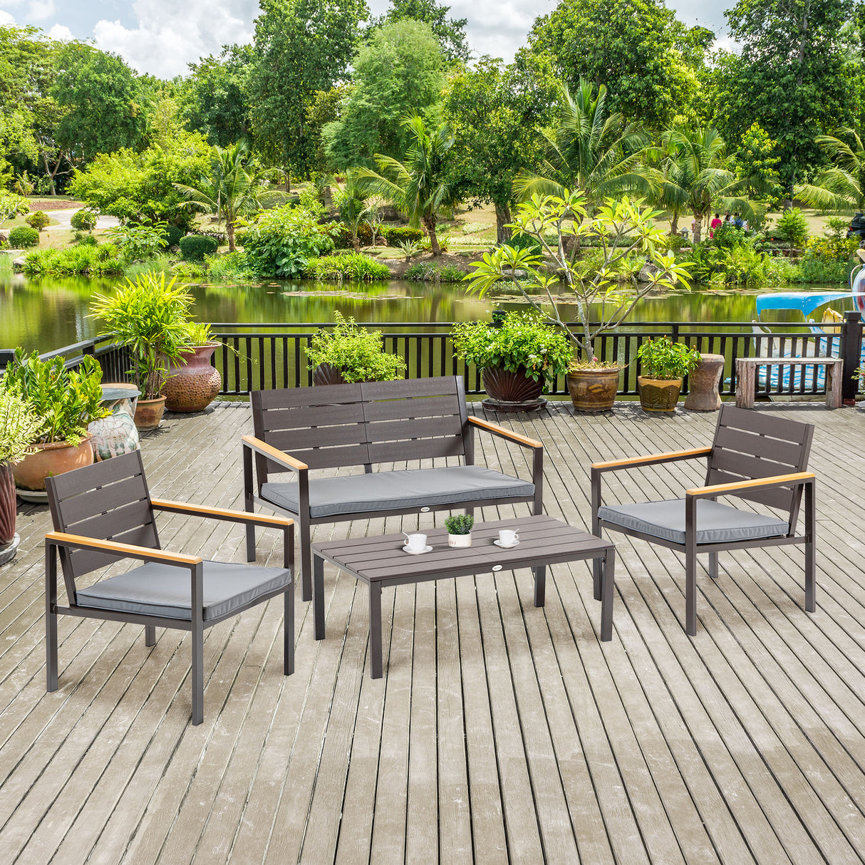 easycomfort easycomfort salotto da giardino set 4 pz con divano da esterno poltrone e tavolino acciaio e legno marrone