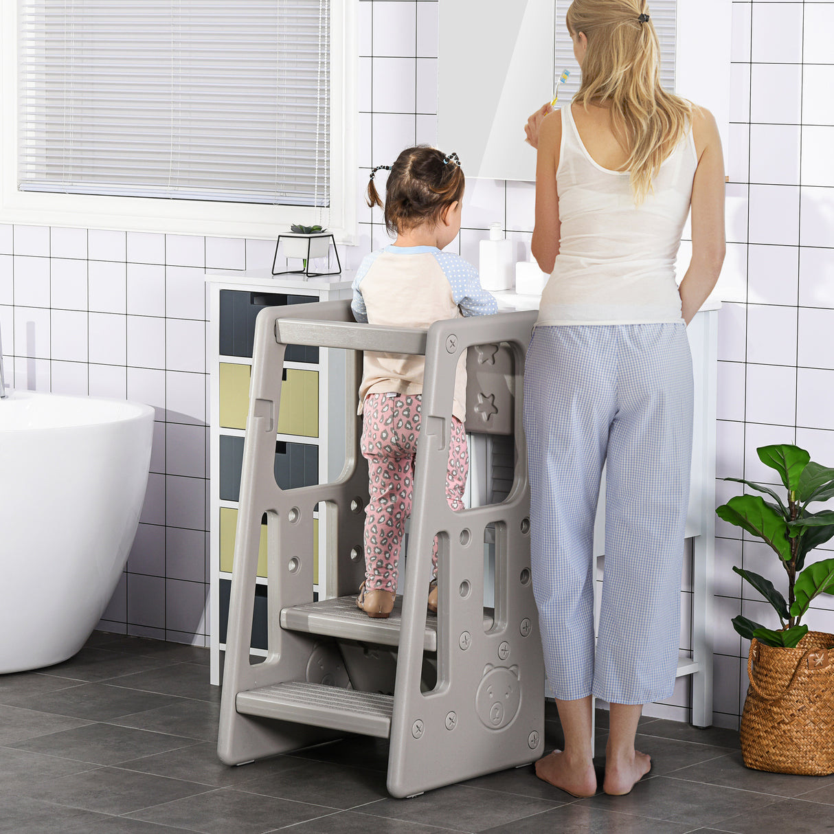 easycomfort easycomfort scaletta per bambini torre montessoriana altezza regolabile 3 livelli 47x47x90cm grigio