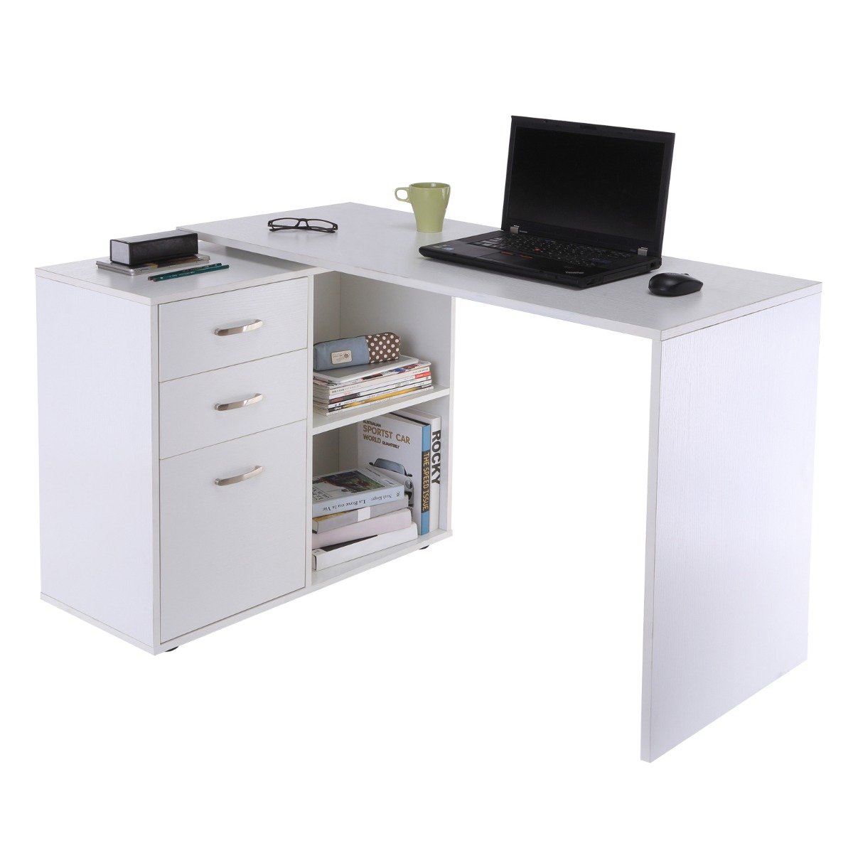 EASYCOMFORT Scrivania Angolare per Computer da Ufficio con Cassettiera 117× 83.5×76cm Bianco