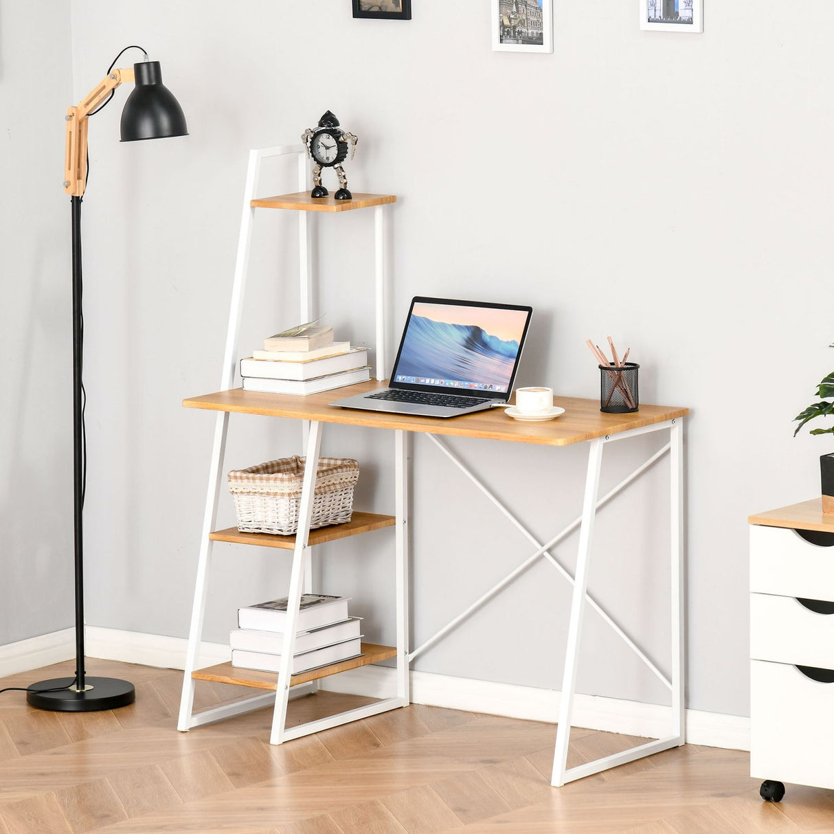 easycomfort easycomfort scrivania con 3 mensole salvaspazio in mdf e metallo color legno 104x50x128cm