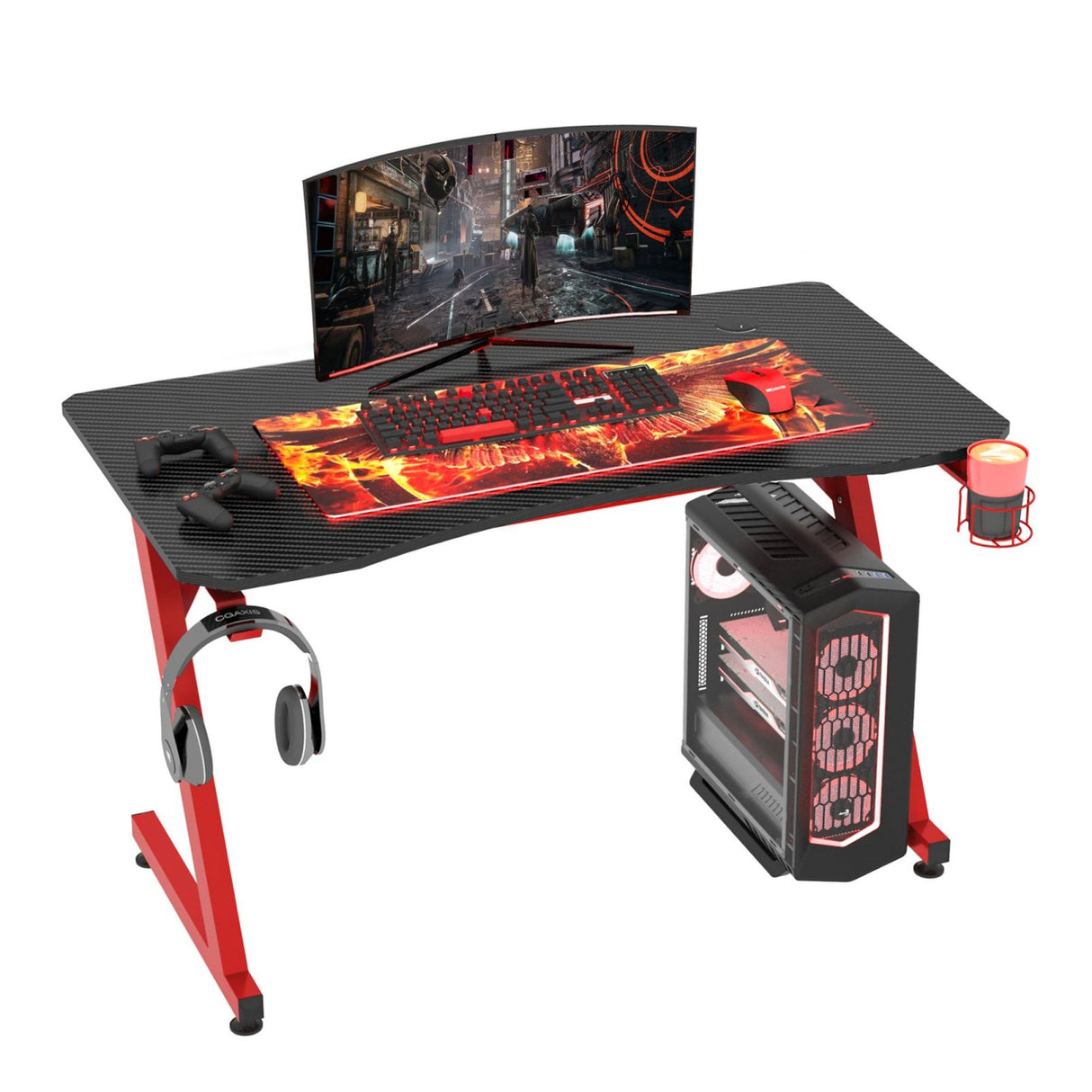 easycomfort easycomfort scrivania gaming in legno e acciaio con passacavi portabicchieri e gancio per cuffie rosso e nero 120x65x74 5cm