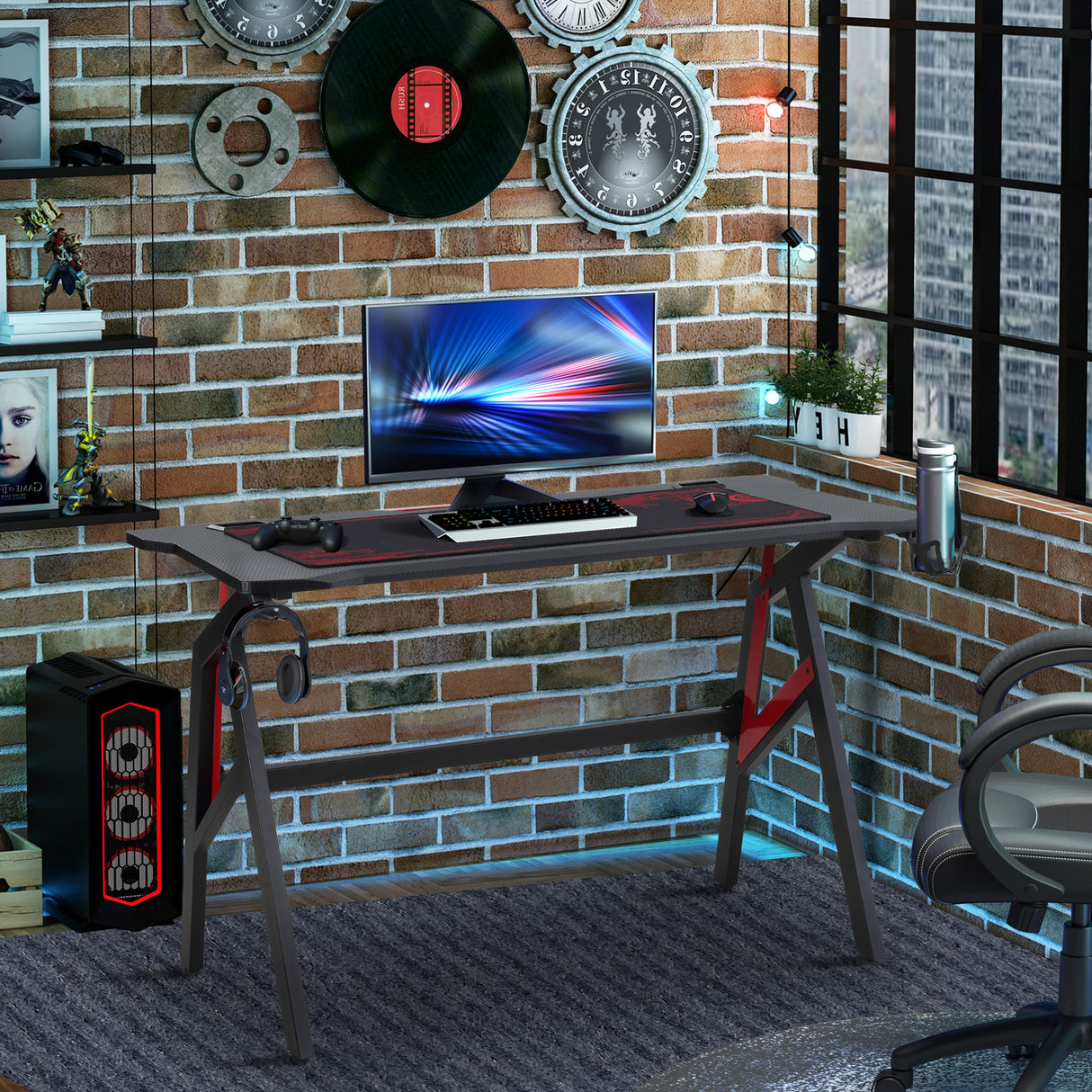 easycomfort easycomfort scrivania gaming moderna con tappetino mouse maxi e accessori 120x58x75cm rosso e nero