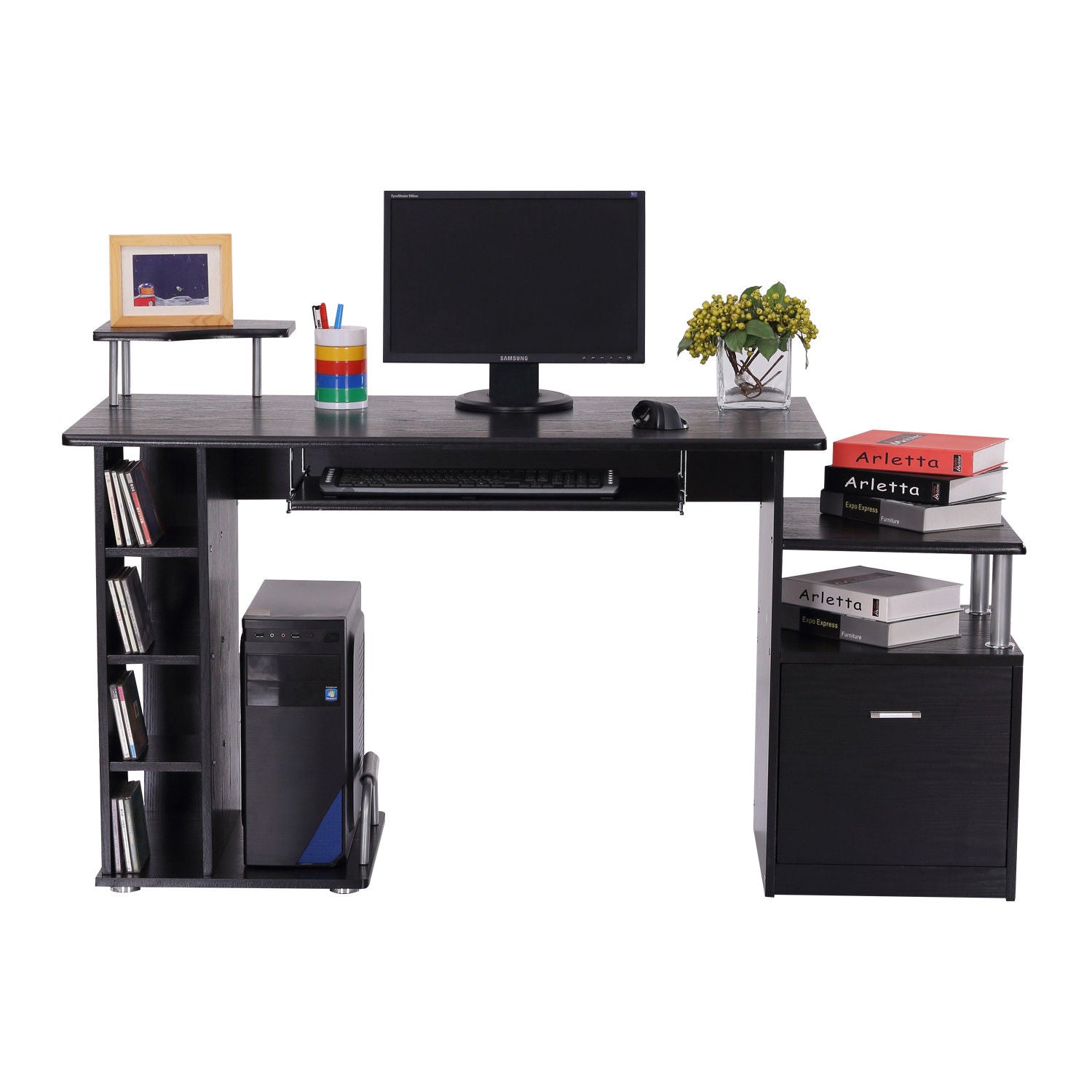 EASYCOMFORT Scrivania per Computer Moderna con Cassetti, Ripiani e Tastiera  Estraibile, Scrivania da Ufficio per Casa in Legno Nero 152x60x88cm