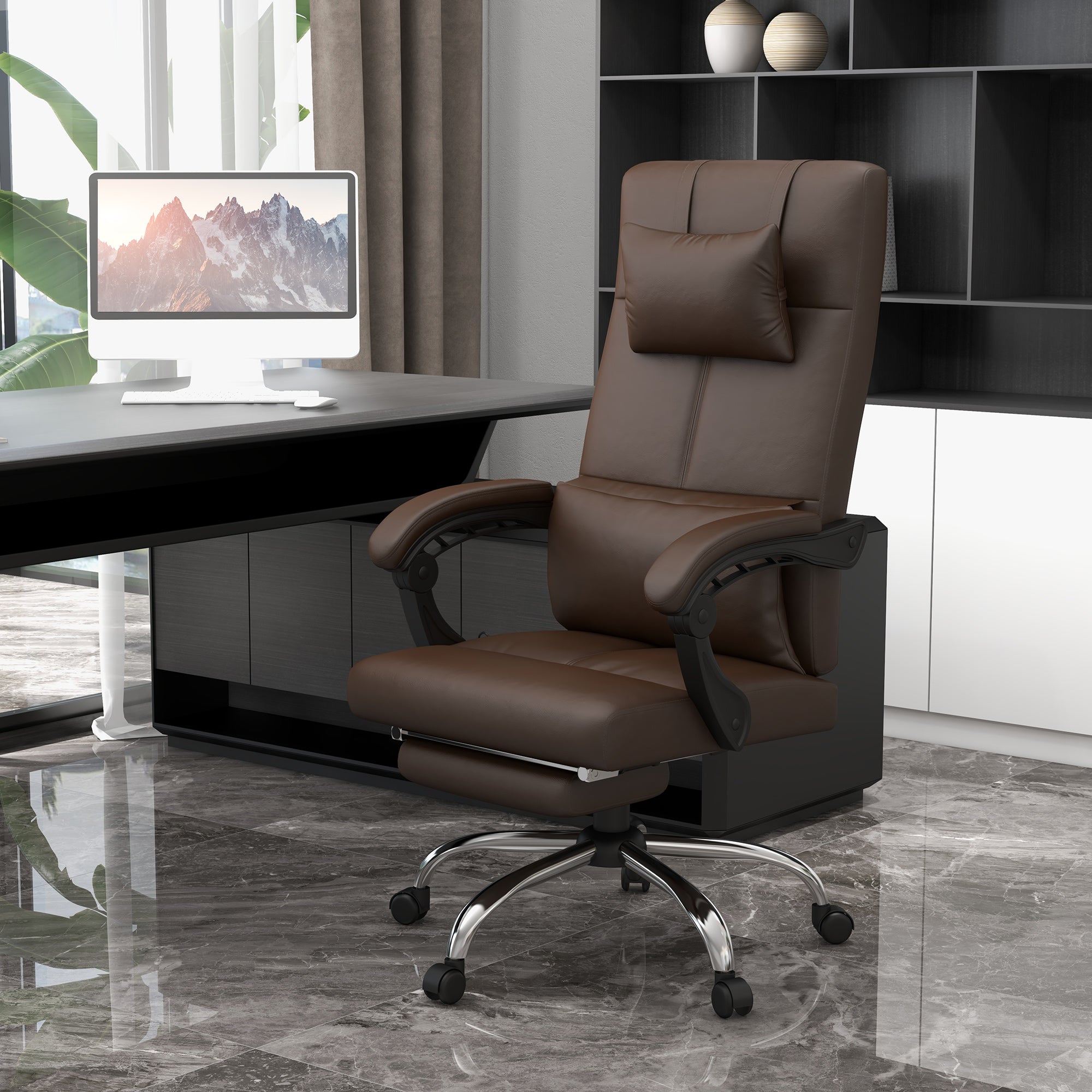 EASYCOMFORT Sedia da Ufficio Massaggiante ad Altezza Regolabile con  Poggiapiedi e Telecomando, 66x67x115-123 cm, Marrone