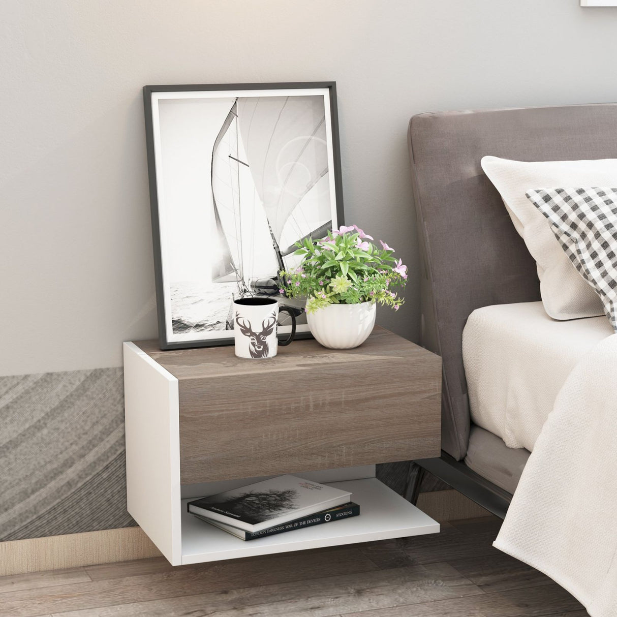 easycomfort easycomfort set 2 comodini sospesi a parete con cassetto e mensola bianco e rovere ean 8054111845663