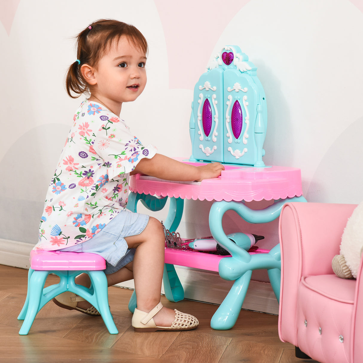 easycomfort easycomfort set 2 in 1 da 32pz per bambine 3 6 anni tavolo per trucco con accessori e pianoforte 49 5x23x66 cm blu e rosa