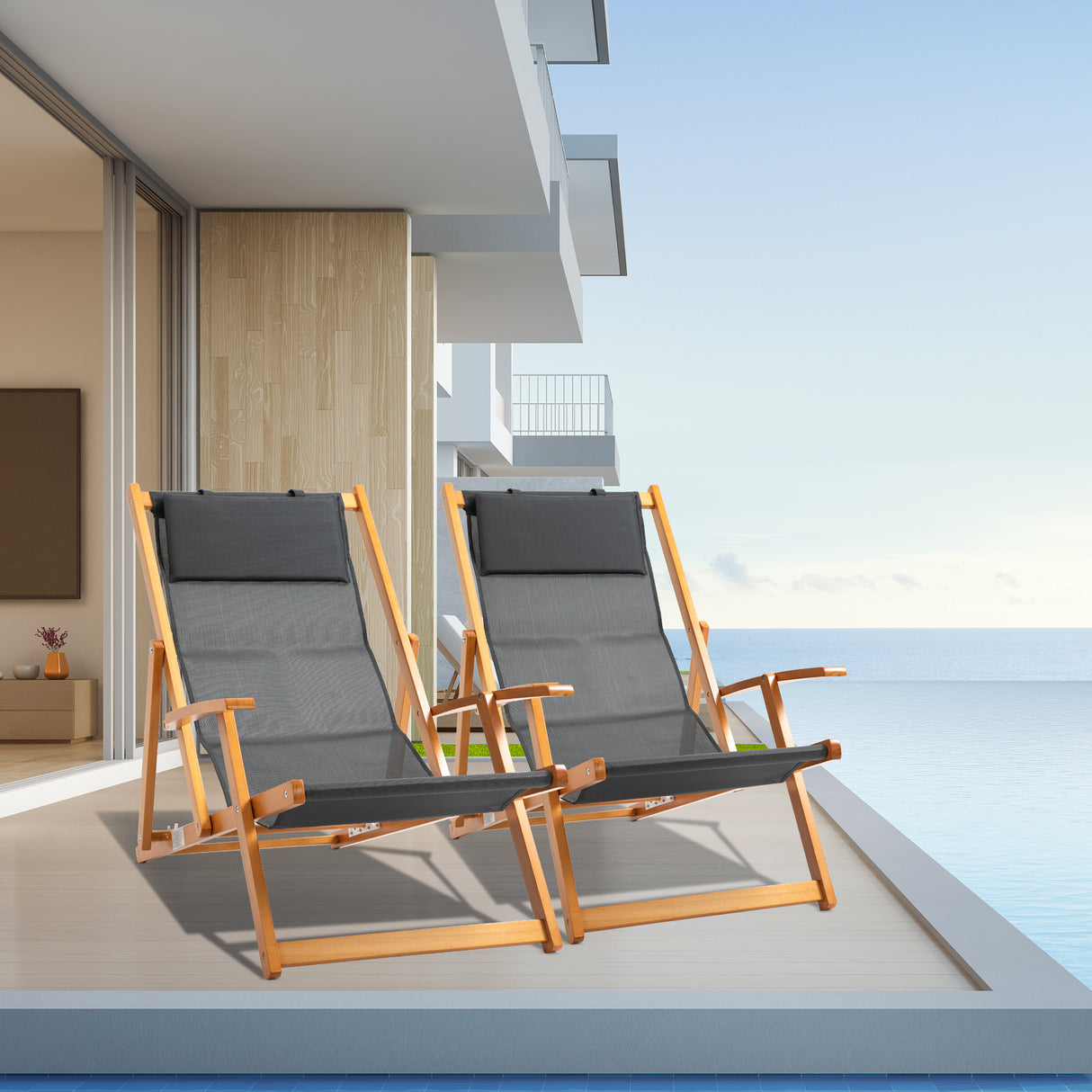 easycomfort easycomfort set 2 sdraio da giardino pieghevoli con schienale regolabile su 3 livelli legno e tessuto a rete grigio