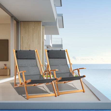 easycomfort easycomfort set 2 sdraio da giardino pieghevoli con schienale regolabile su 3 livelli legno e tessuto a rete grigio