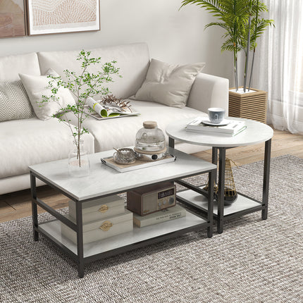 immagine-2-easycomfort-easycomfort-set-2-tavolini-da-caffe-a-2-livelli-in-truciolato-e-acciaio-con-piano-dappoggio-effetto-marmo-bianco-e-nero