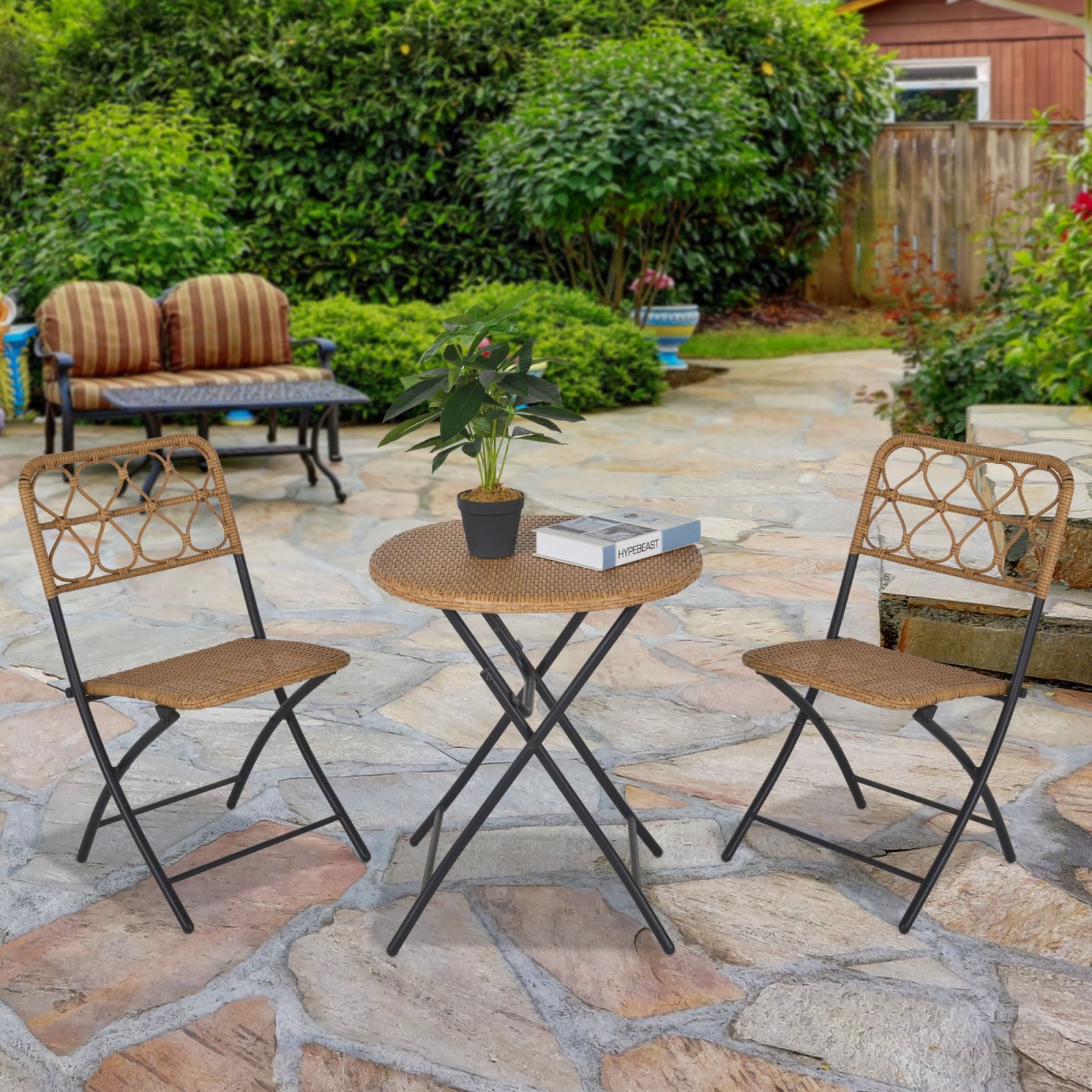 EASYCOMFORT Set 3 Pezzi Tavolino con Sedie da Giardino Pieghevoli Rattan e  Acciaio