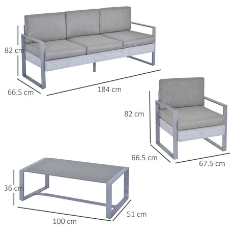 easycomfort easycomfort set 4 pezzi mobili da giardino con divano 3 posti 2 poltrone con cuscini e tavolino in alluminio e vetro grigio ean 8055776916620