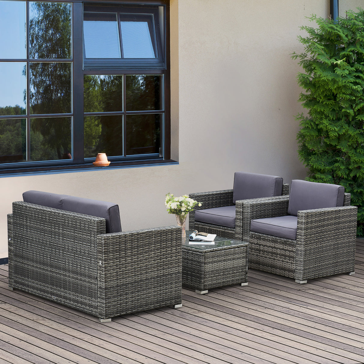easycomfort easycomfort set da giardino 4 pezzi in rattan pe e acciaio con divano 2 poltrone e tavolino da caffe grigio
