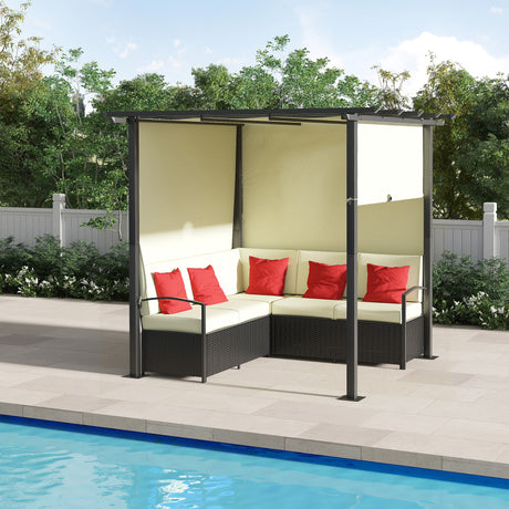 easycomfort easycomfort set da giardino con 2 divani in rattan pe e pergola con tenda regolabile 230x230x210cm beige