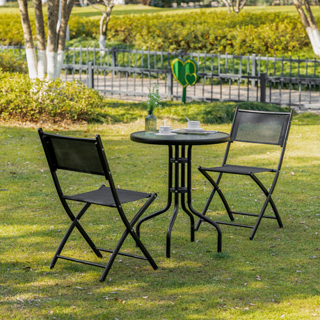 easycomfort easycomfort set da giardino da 3 pezzi con 2 sedie pieghevoli e tavolino in vetro temperato per esterni nero