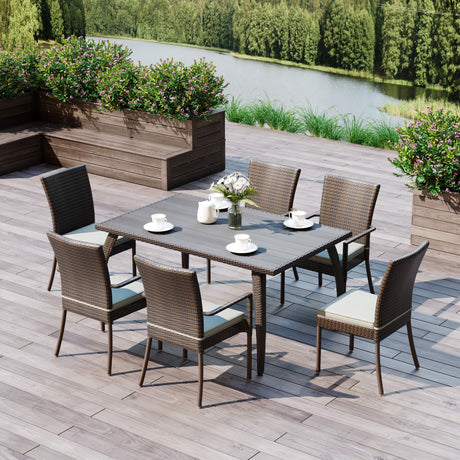 easycomfort easycomfort set mobili da esterno in pe rattan tavolo da pranzo in legno con 6 sedie con cuscini marrone