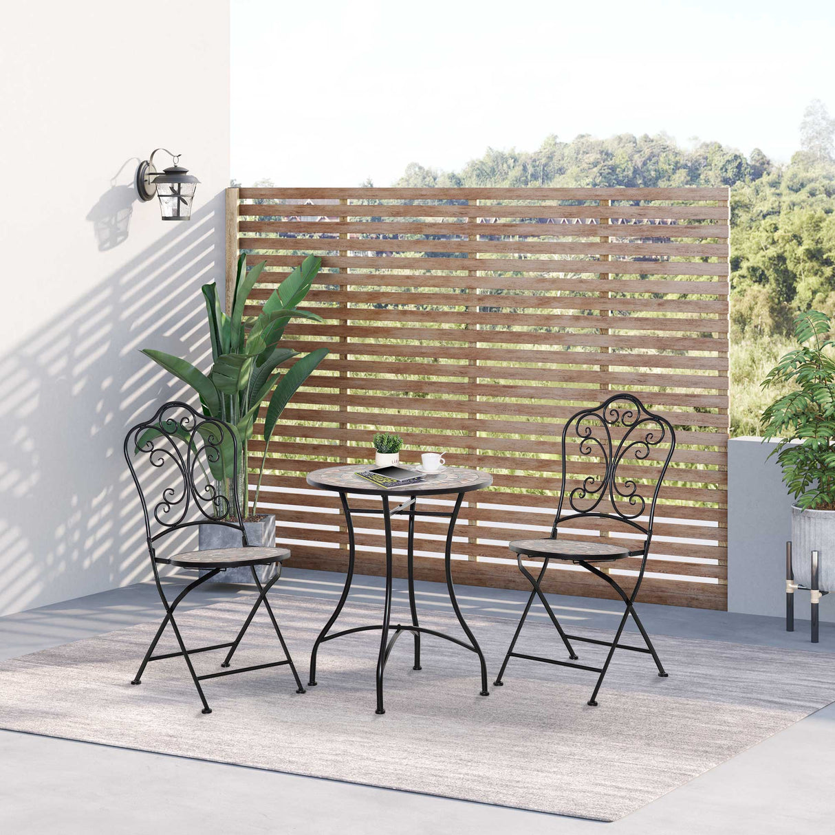 easycomfort easycomfort set mobili da giardino 3 pezzi con 2 sedie pieghevoli e tavolo da caffe in ceramica e metallo nero