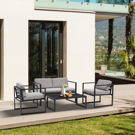easycomfort easycomfort set mobili da giardino con divano 2 posti 2 poltrone e tavolino in alluminio con cuscini grigio e nero ean 8055776915517